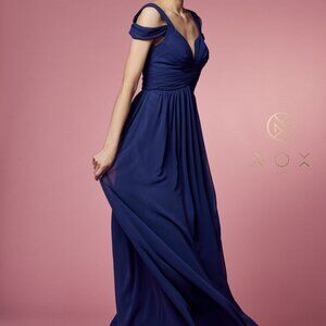 NAVY BLUE PARTY EVENING COLD-SHOULDER WITH SLIP SKIRT LONG CHIFFON DRESS NX277